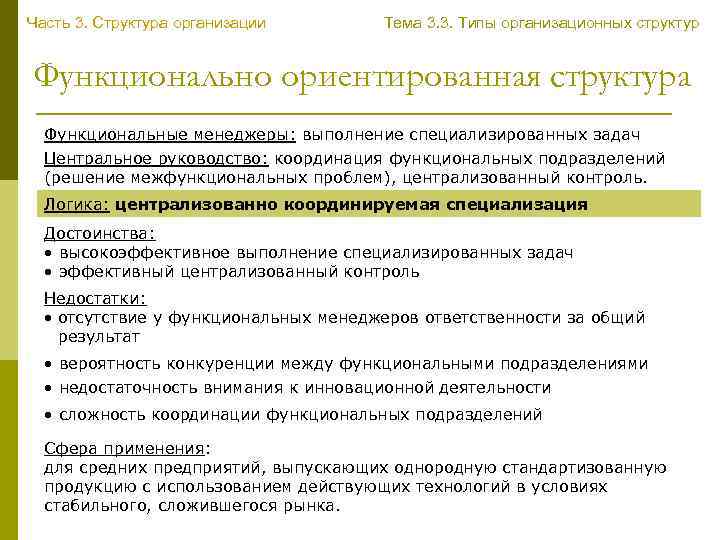 Часть 3. Структура организации Тема 3. 3. Типы организационных структур Функционально ориентированная структура Функциональные