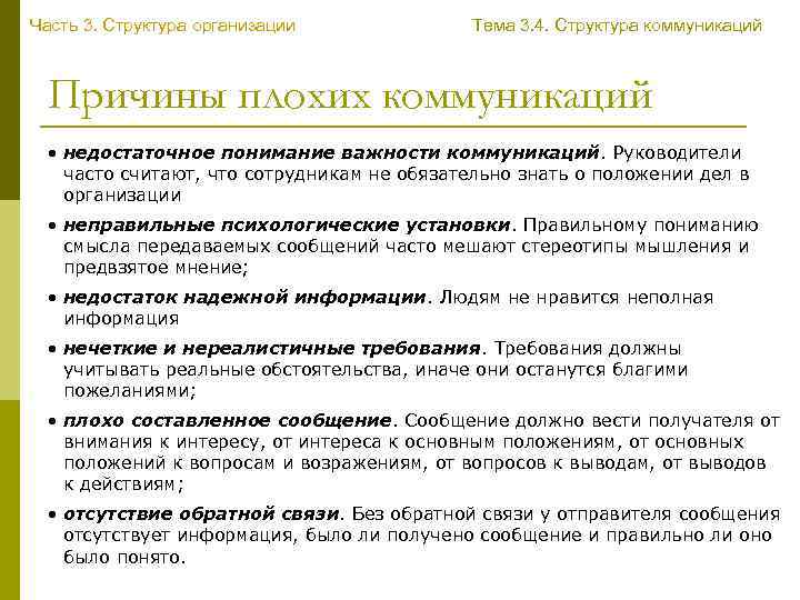 Часть 3. Структура организации Тема 3. 4. Структура коммуникаций Причины плохих коммуникаций • недостаточное