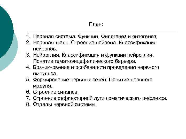 План: 1. Нервная система. Функции. Филогенез и онтогенез. 2. Нервная ткань. Строение нейрона. Классификация