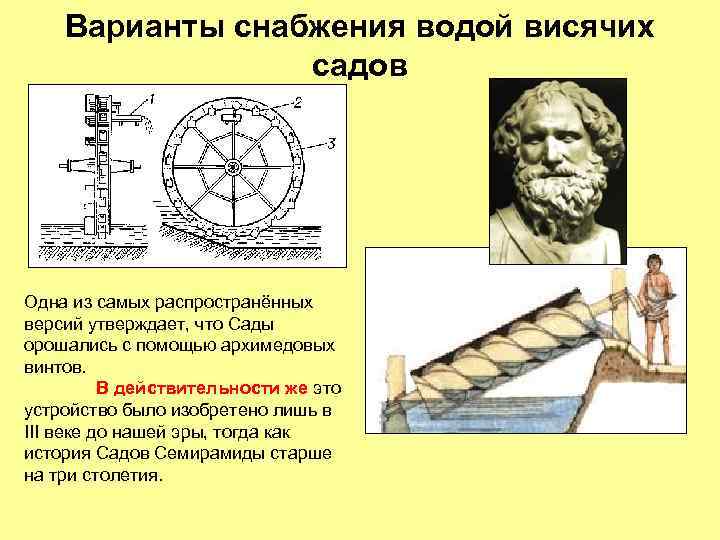 Варианты снабжения водой висячих садов Одна из самых распространённых версий утверждает, что Сады орошались