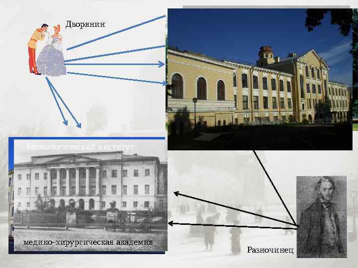 Дворянин Технологический институт медико-хирургическая академия Училище правоведения университет институт корпуса инженеров путей сообщения Разночинец