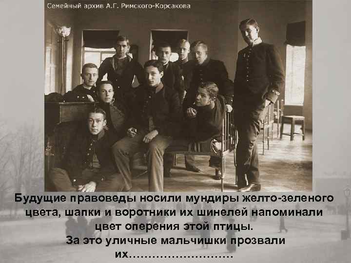 Будущие правоведы носили мундиры желто-зеленого цвета, шапки и воротники их шинелей напоминали цвет оперения