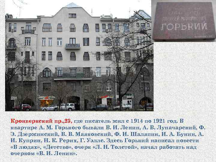 Кронверкский пр. , 23, где писатель жил с 1914 по 1921 год. В квартире