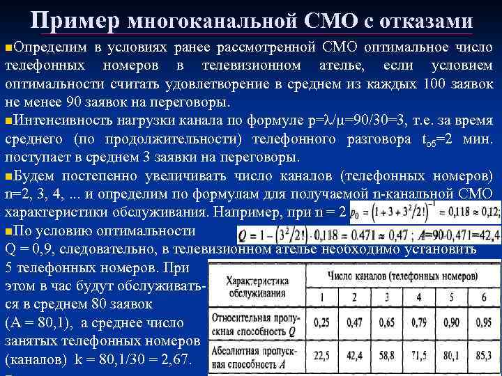 Пример многоканальной СМО с отказами n. Определим в условиях ранее рассмотренной СМО оптимальное число