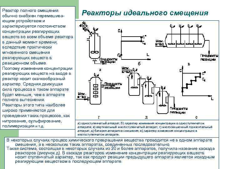 Реактор полного смещения обычно снабжен перемешивающим устройством и характеризуется постоянством концентрации реагирующих веществ во