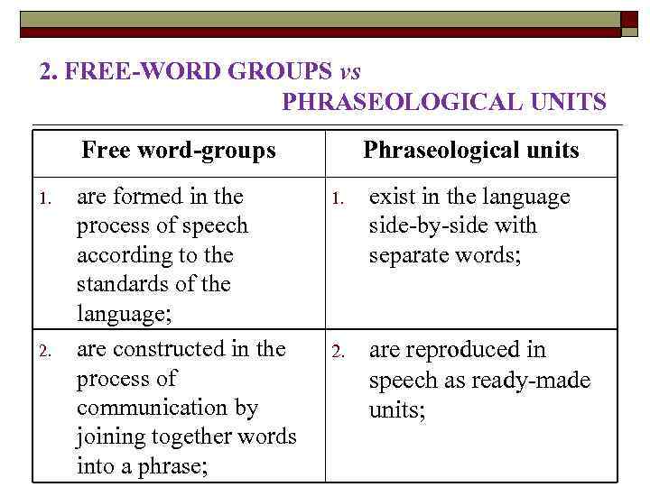 2. FREE-WORD GROUPS vs PHRASEOLOGICAL UNITS Free word-groups 1. 2. are formed in the