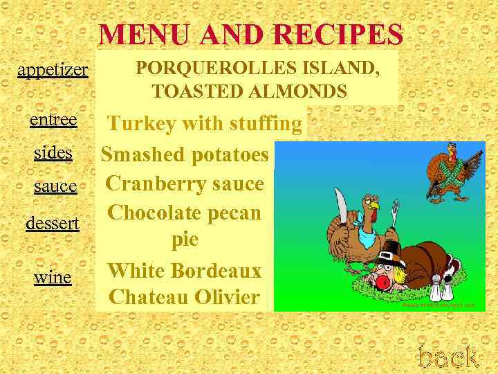 MENU AND RECIPES appetizer entree PORQUEROLLES ISLAND, TOASTED ALMONDS Turkey with stuffing sides Smashed