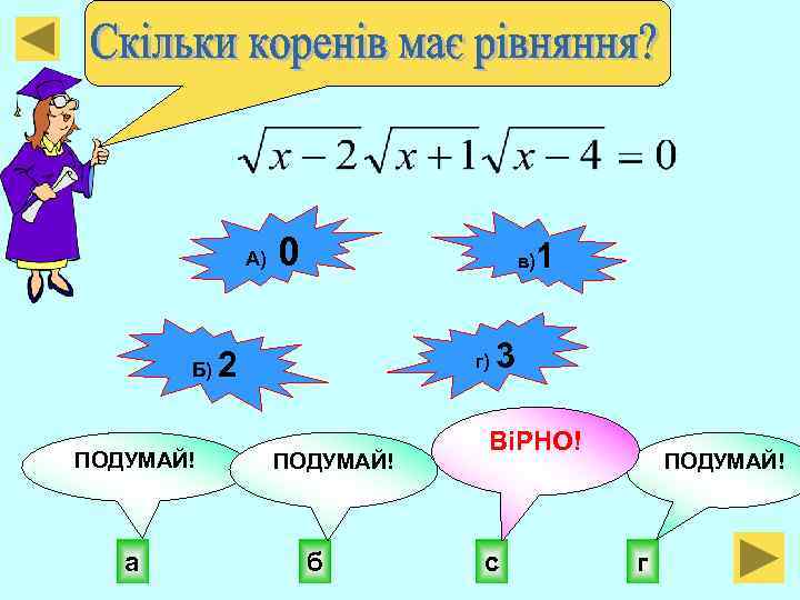 А) Б) ПОДУМАЙ! а 0 в) 2 г) ПОДУМАЙ! б 1 3 ВіРНО! с