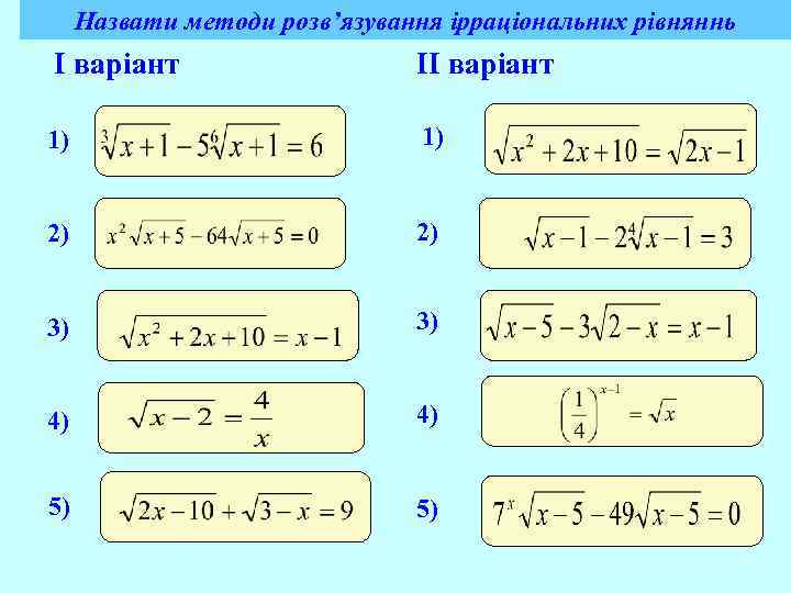 Назвати методи розв’язування ірраціональних рівняннь I варіант II варіант 1) 1) 2) 2) 3)