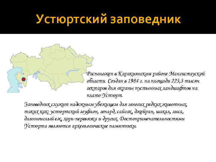 Устюртский заповедник Расположен в Каракиянском районе Мангистауской области. Создан в 1984 г. на площади