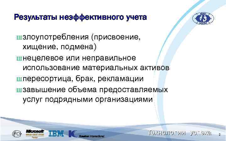 Результаты неэффективного учета Ш злоупотребления (присвоение, хищение, подмена) Ш нецелевое или неправильное использование материальных