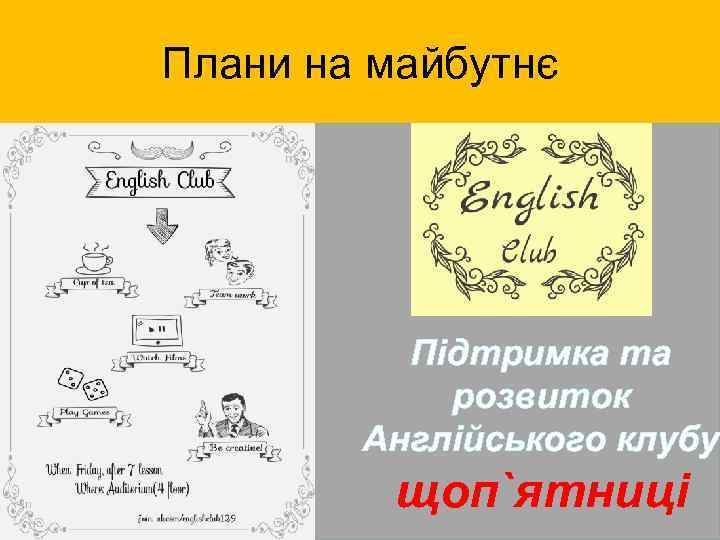 Плани на майбутнє Підтримка та розвиток Англійського клубу щоп`ятниці 