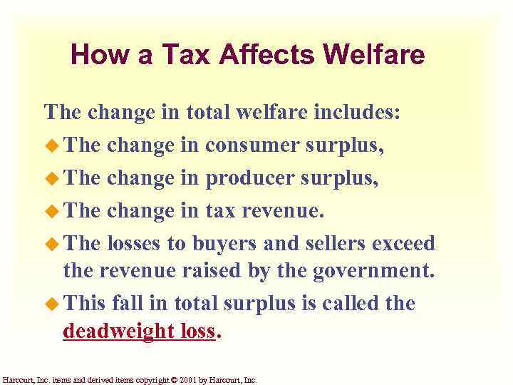 How a Tax Affects Welfare The change in total welfare includes: u The change
