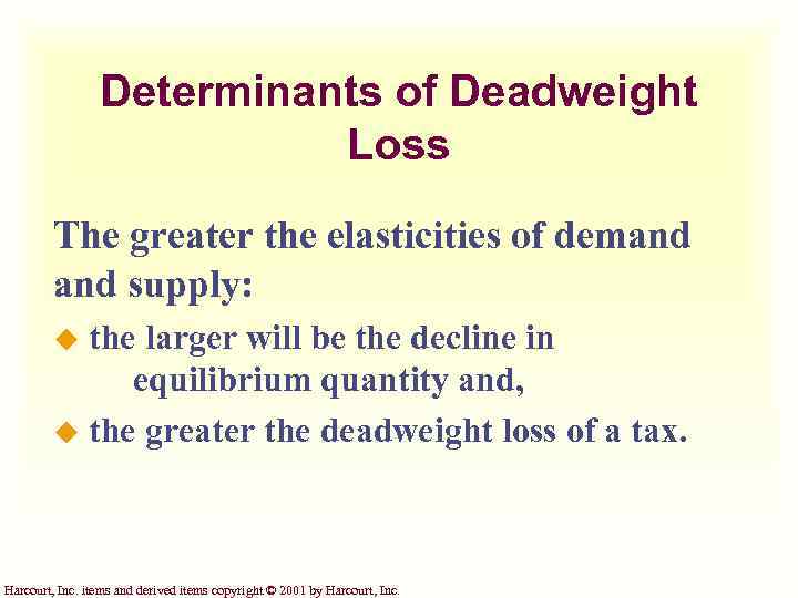 Determinants of Deadweight Loss The greater the elasticities of demand supply: the larger will