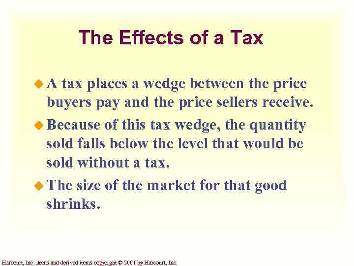 The Effects of a Tax u. A tax places a wedge between the price