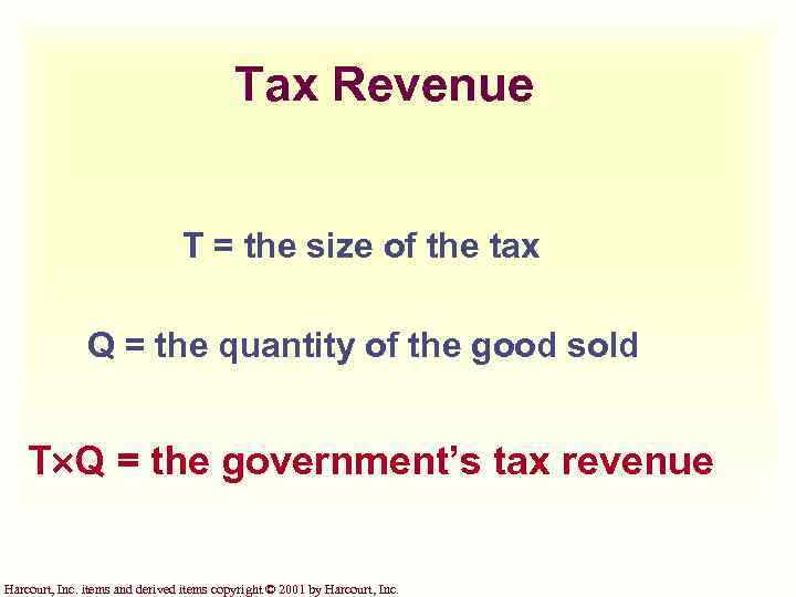 Tax Revenue T = the size of the tax Q = the quantity of