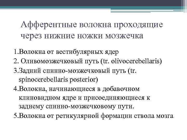 Афферентные волокна проходящие через нижние ножки мозжечка 1. Волокна от вестибулярных ядер 2. Оливомозжечковый