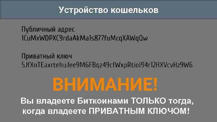 Устройство кошельков ВНИМАНИЕ! Вы владеете Биткоинами ТОЛЬКО тогда, когда владеете ПРИВАТНЫМ КЛЮЧОМ! 