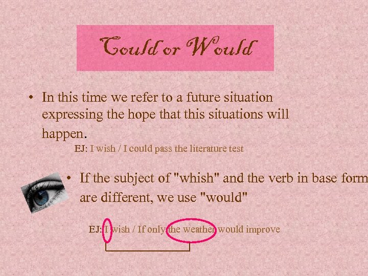 Could or Would • In this time we refer to a future situation expressing