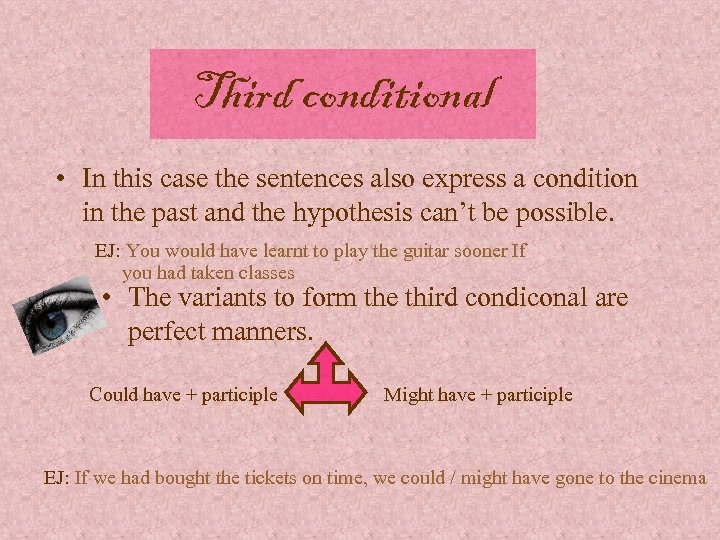 Third conditional • In this case the sentences also express a condition in the