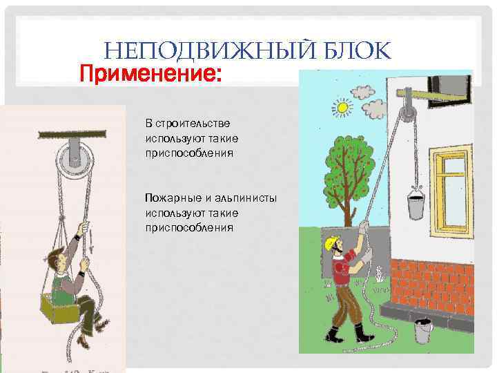 НЕПОДВИЖНЫЙ БЛОК Применение: В строительстве используют такие приспособления Пожарные и альпинисты используют такие приспособления