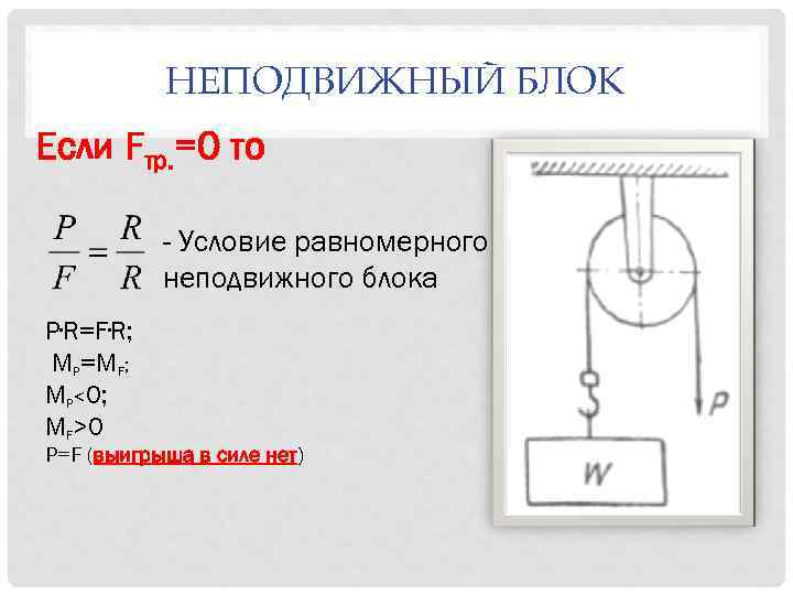 НЕПОДВИЖНЫЙ БЛОК Если Fтр. =0 то - Условие равномерного неподвижного блока P∙R=F∙R; MP=MF; MP<0;