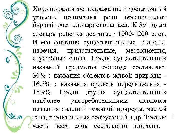 Хорошо развитое подражание и достаточный уровень понимания речи обеспечивают бурный рост словарного запаса. К