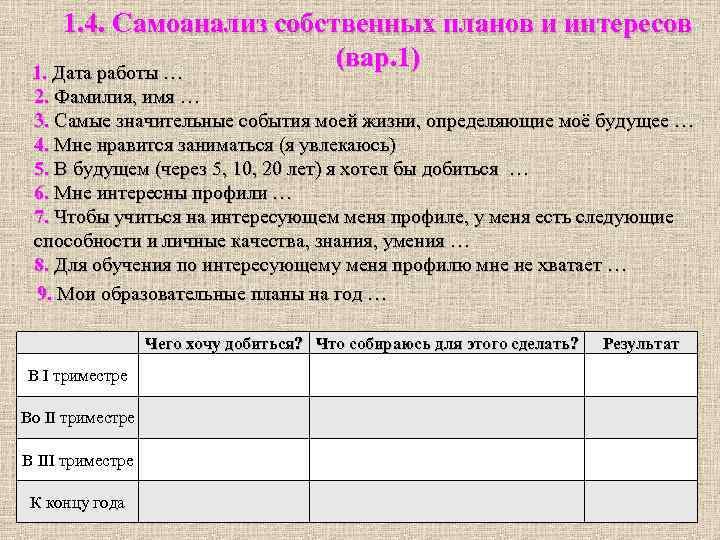 1. 4. Самоанализ собственных планов и интересов (вар. 1) 1. Дата работы … 2.