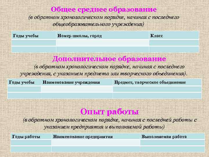 Общее среднее образование (в обратном хронологическом порядке, начиная с последнего общеобразовательного учреждения) Годы учебы