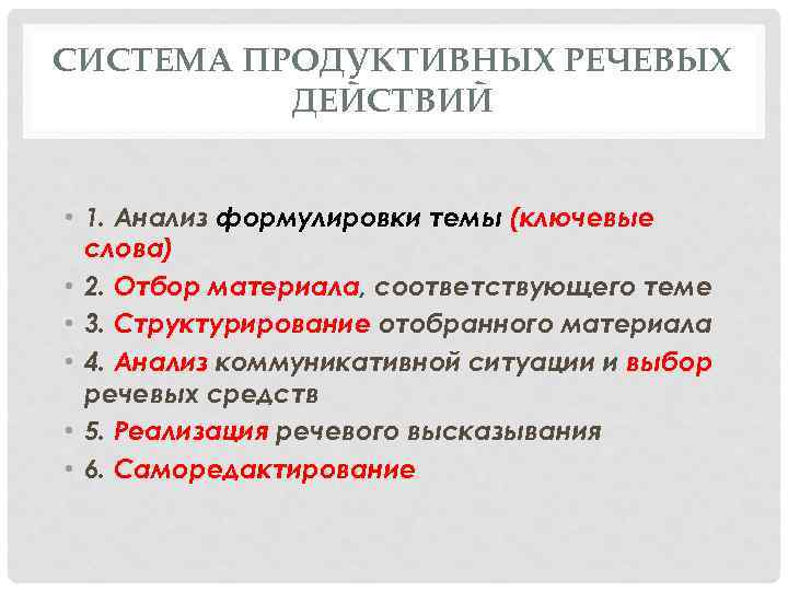 СИСТЕМА ПРОДУКТИВНЫХ РЕЧЕВЫХ ДЕЙСТВИЙ • 1. Анализ формулировки темы (ключевые слова) • 2. Отбор