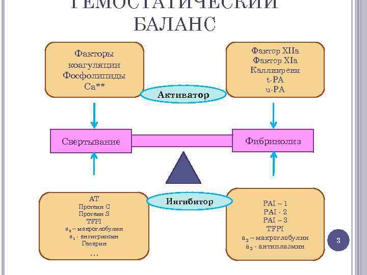 ГЕМОСТАТИЧЕСКИЙ БАЛАНС Факторы коагуляции Фосфолипиды Са** Активатор Фибринолиз Свертывание АТ Протеин С Протеин S