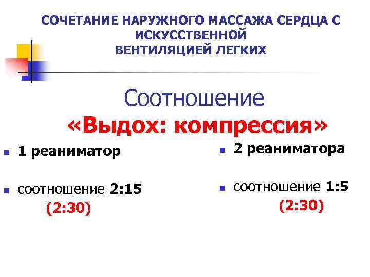СОЧЕТАНИЕ НАРУЖНОГО МАССАЖА СЕРДЦА С ИСКУССТВЕННОЙ ВЕНТИЛЯЦИЕЙ ЛЕГКИХ Соотношение «Выдох: компрессия» n n 1