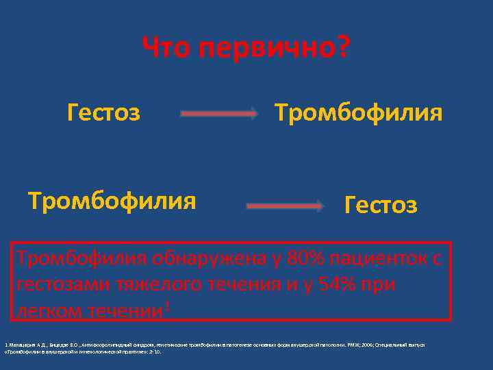 Что первично? Гестоз Тромбофилия обнаружена у 80% пациенток с гестозами тяжелого течения и у