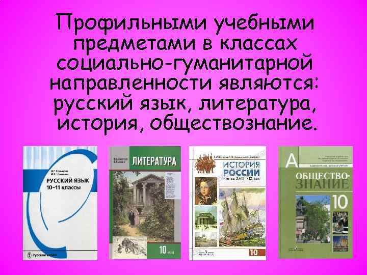 Профильными учебными предметами в классах социально-гуманитарной направленности являются: русский язык, литература, история, обществознание. 