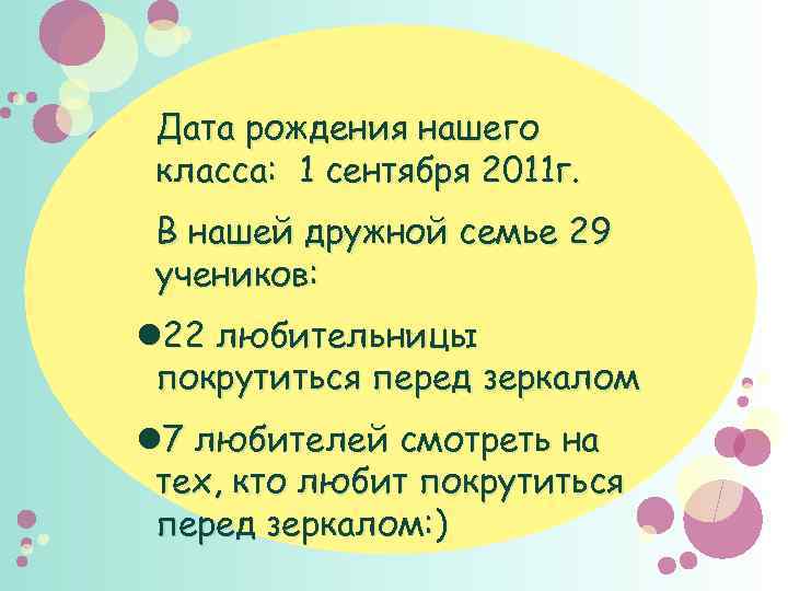 Дата рождения нашего класса: 1 сентября 2011 г. В нашей дружной семье 29 учеников: