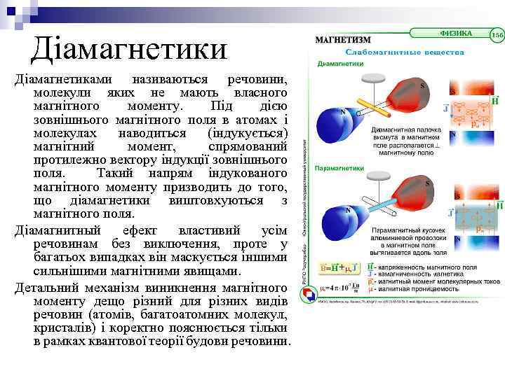 Діамагнетики Діамагнетиками називаються речовини, молекули яких не мають власного магнітного моменту. Під дією зовнішнього