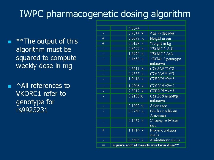 IWPC pharmacogenetic dosing algorithm n n **The output of this algorithm must be squared