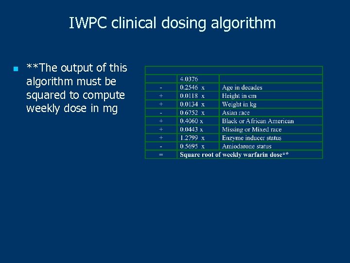 IWPC clinical dosing algorithm n **The output of this algorithm must be squared to