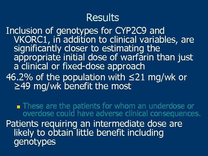 Results Inclusion of genotypes for CYP 2 C 9 and VKORC 1, in addition