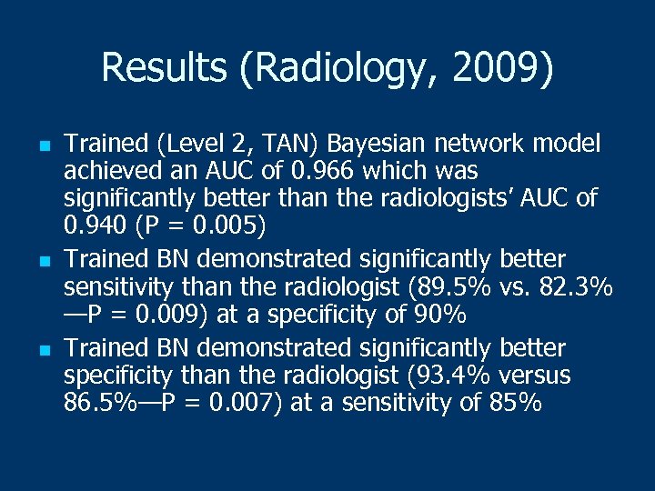 Results (Radiology, 2009) n n n Trained (Level 2, TAN) Bayesian network model achieved