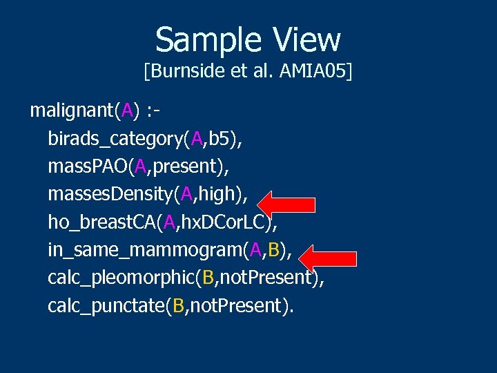 Sample View [Burnside et al. AMIA 05] malignant(A) : birads_category(A, b 5), mass. PAO(A,