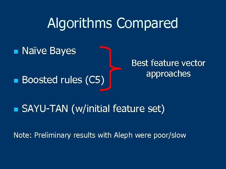 Algorithms Compared n Naïve Bayes Best feature vector approaches n Boosted rules (C 5)