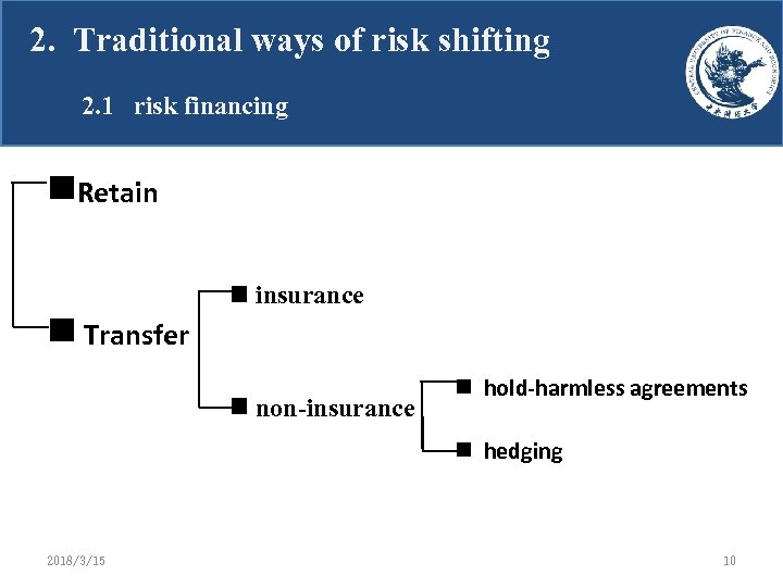 2. Traditional Introduction ways of risk shifting 2. 1 risk financing Retain insurance Transfer