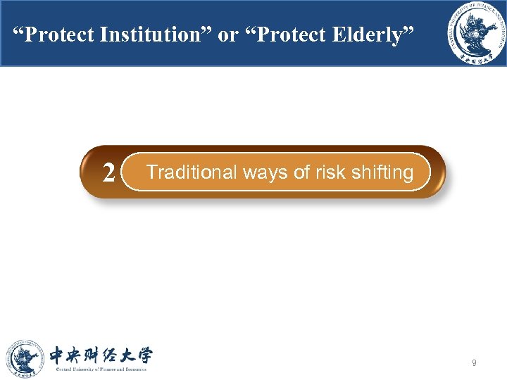 “Protect Institution” or “Protect Elderly” 2 2018/3/15 Traditional ways of risk shifting 9 