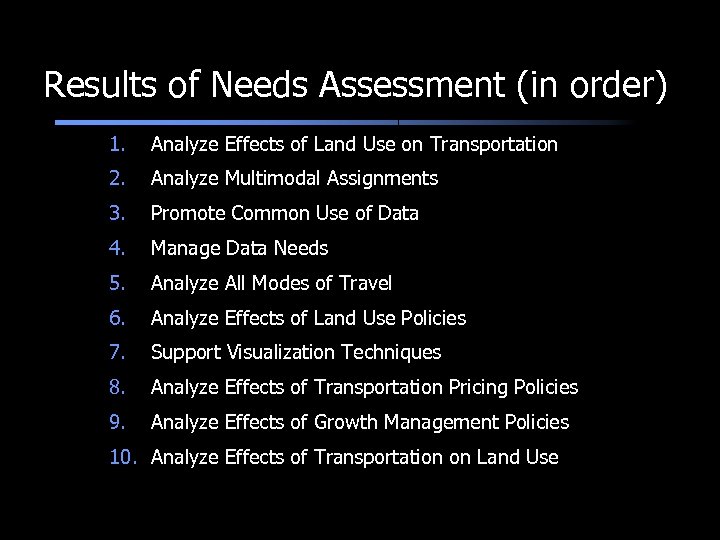 Results of Needs Assessment (in order) 1. Analyze Effects of Land Use on Transportation