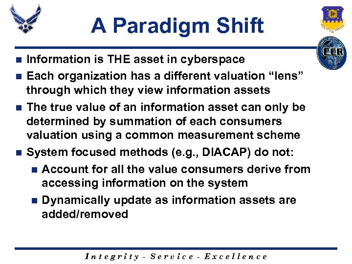 A Paradigm Shift Information is THE asset in cyberspace n Each organization has a