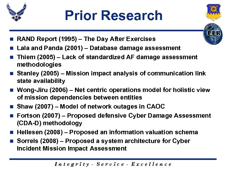 Prior Research n n n n n RAND Report (1995) – The Day After