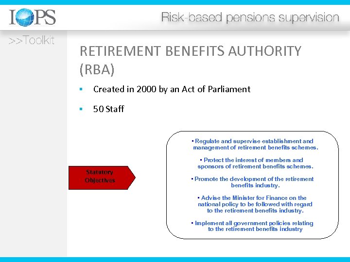RETIREMENT BENEFITS AUTHORITY (RBA) § Created in 2000 by an Act of Parliament §