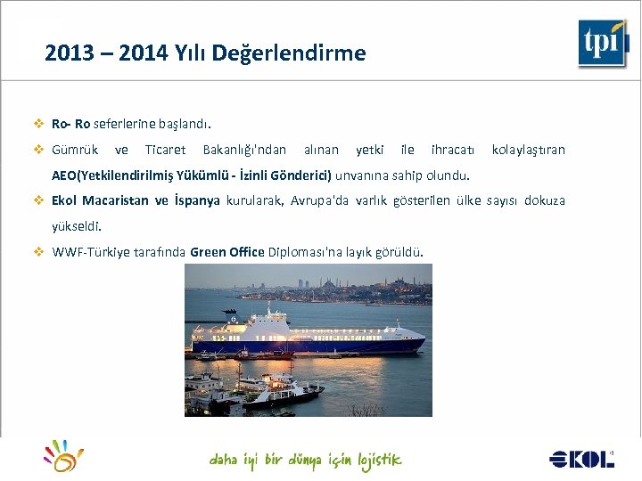 2013 – 2014 Yılı Değerlendirme v Ro- Ro seferlerine başlandı. v Gümrük ve Ticaret