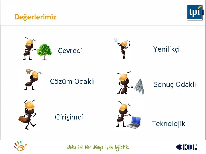 Değerlerimiz Çevreci Çözüm Odaklı Girişimci Logistics for a better world. . . Yenilikçi Sonuç